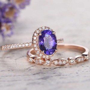 NEW 18K Rose Gold Amethyst Diamond Halo Ring Set